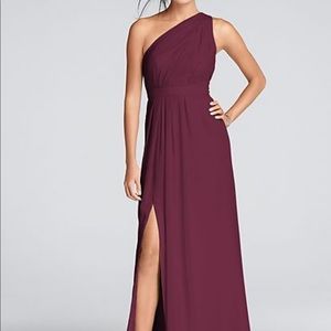 Long one shoulder David’s bridal bridesmaids dress